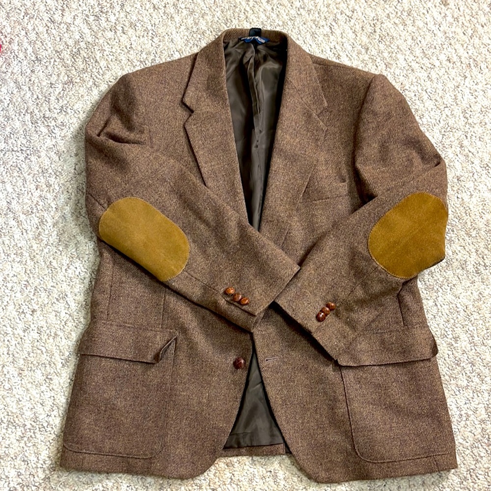 Men’s Vintage Woff by Farah Tweed Herringbone Elbow Patch Sports Coat Jacket 46R